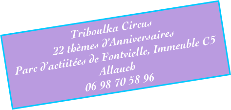 Triboulka Circus 
22 thèmes d’Anniversaires
Parc d’actiitées de Fontvielle, Immeuble C5
Allauch
06 98 70 58 96
